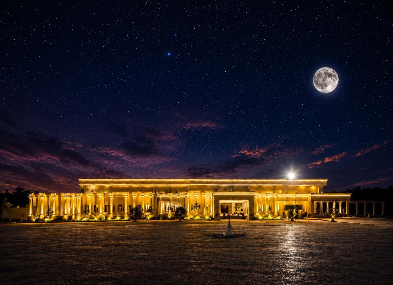 Umarani Palace, Bargur — illuminated at night under a full moon